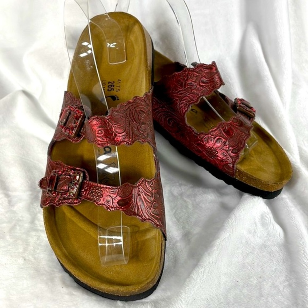 Betula by Birkenstock Brick Red/ Black Leather Jeweled Sandal Women US 10 EUR 41